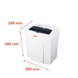 Niszczarka SECURIO C14 – kompaktowe wymiary 366 × 258 × 405 mm.