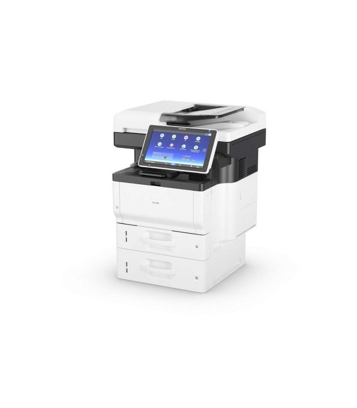 Ricoh IM 350FSE – widok z lewej strony, urządzenie A4 z panelem dotykowym i dwoma kasetami na papier