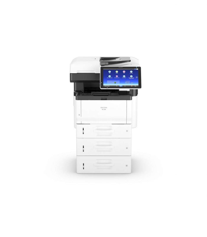 Ricoh IM 350FSE – drukarka A4 z panelem dotykowym i trzema podajnikami papieru, widok z przodu