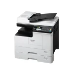 Monochromatyczne urządzenie wielofunkcyjne Ricoh M 2310N A3 z podajnikiem dokumentów ARDF i dwiema kasetami na papier A4, widok z prawej strony z góry.