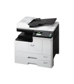 Monochromatyczne urządzenie wielofunkcyjne Ricoh M 2310N A3 z podajnikiem dokumentów ARDF i dwiema kasetami na papier A4, widok z prawej strony z góry.