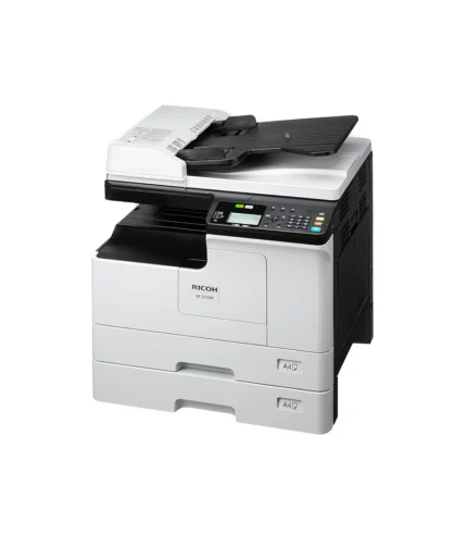 Monochromatyczne urządzenie wielofunkcyjne Ricoh M 2310N A3 z podajnikiem dokumentów ARDF i dwiema kasetami na papier A4, widok z prawej strony z góry.