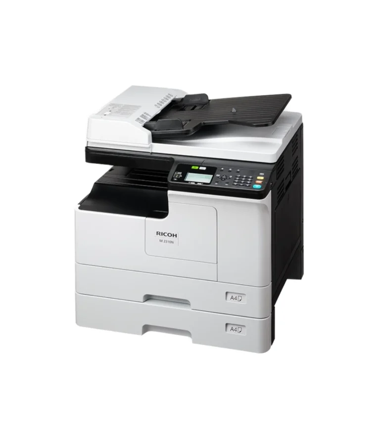 Monochromatyczne urządzenie wielofunkcyjne Ricoh M 2310N A3 z podajnikiem dokumentów ARDF i dwiema kasetami na papier A4, widok z prawej strony z góry.